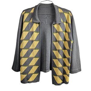 Vintage Retro Pattern Open Front Knit Gray And Yellow Metallic Cardigan Sweater
